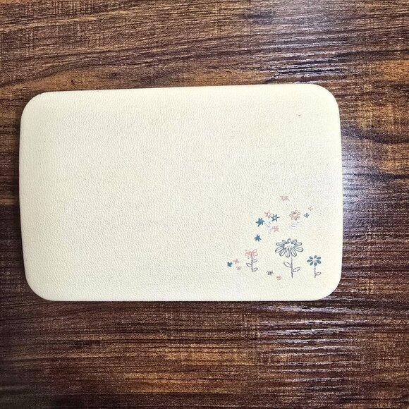 Vintage MCM Farrington Travel Size Cream Floral Jewelry Box Blue Velvet Lining - Picture 3 of 15